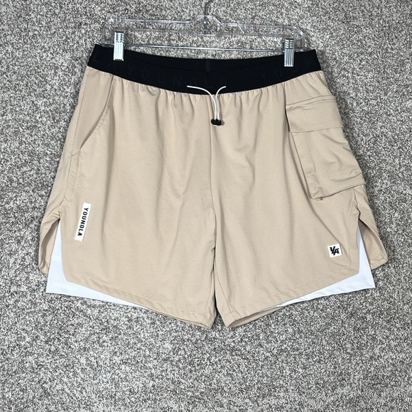 YoungLA Training Running Shorts Mens Large Beige Liner Gym Fitness Workout - Picture 1 of 8